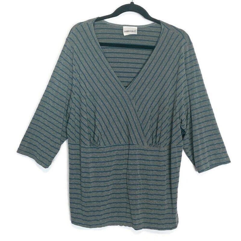 Fashion Bug Womens Top 22/24 Gray Striped V-Neck 3/4 Sleeve Wrap Style Stretch